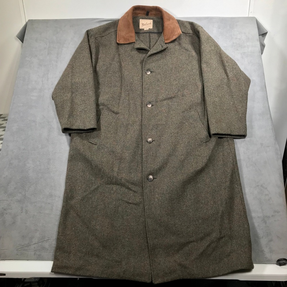 Vintage Woolrich Jacket Overcoat Mens 2XL Wool Blend Suede Collar Long Trench